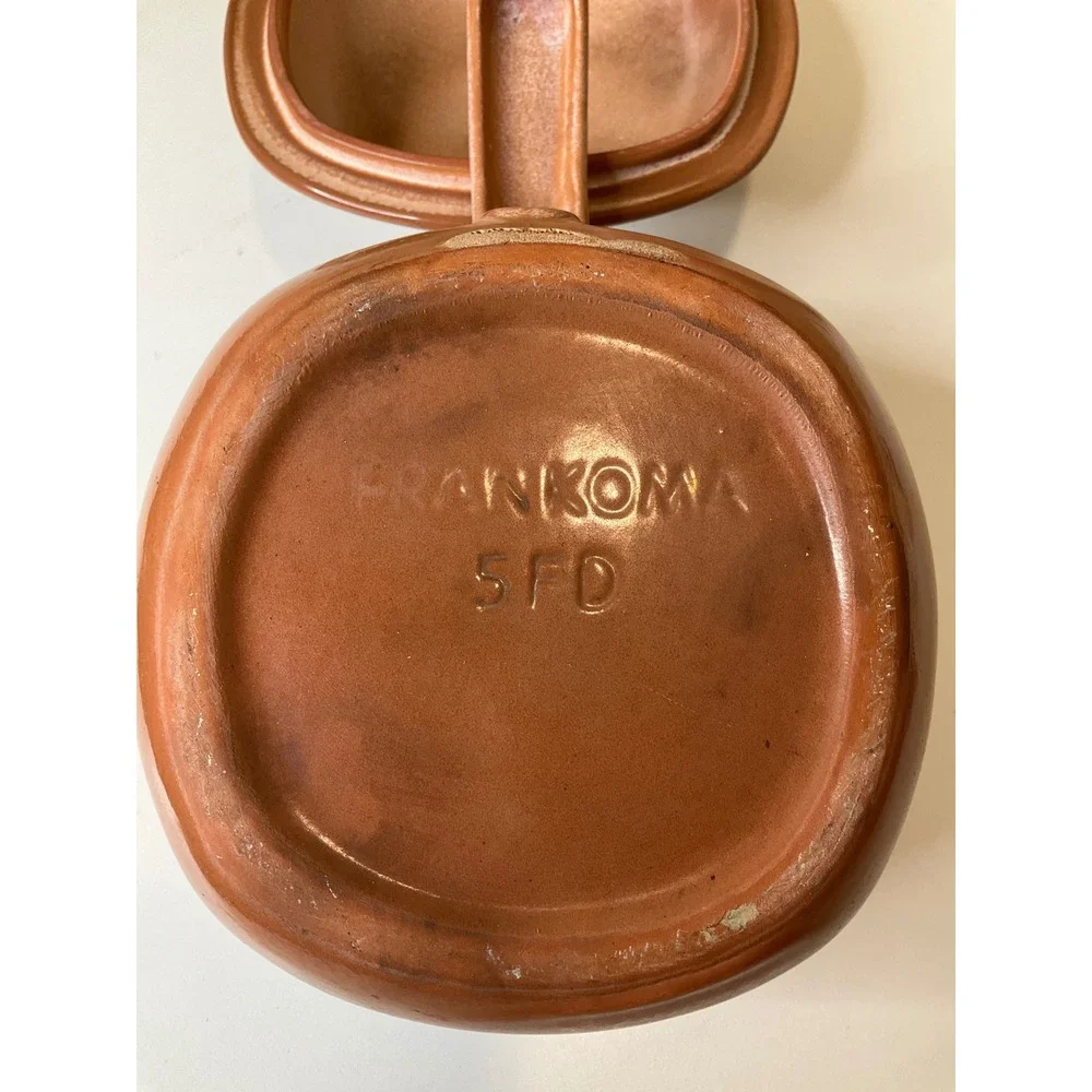 Vintage Frankoma 5FD Pottery Plainsman Gold Handled Covered Fondue Pot & Lid MCM